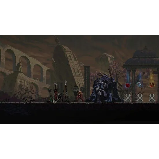 Cinematic artwork showing a warrior standing over defeated monsters with a dragon silhouette in the distance