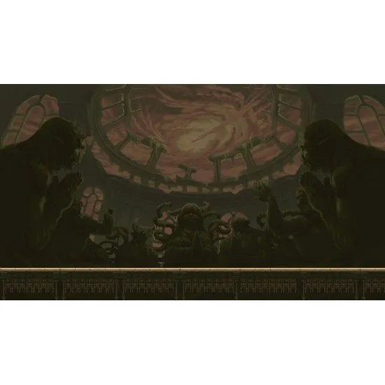 Cinematic artwork showing a warrior standing over defeated monsters with a dragon silhouette in the distance