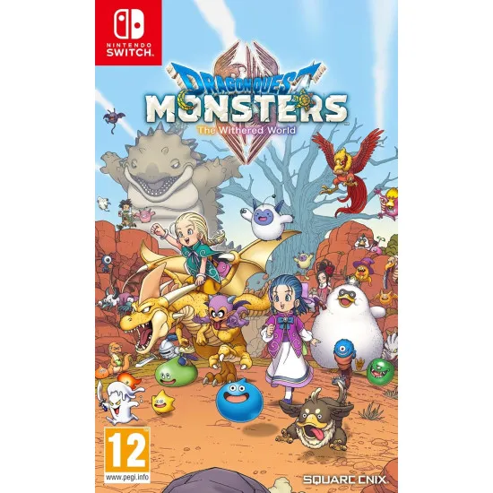 A Nintendo Switch game case featuring colorful anime artwork of two young girls alongside a friendly blue slime and various cute fantasy creatures in a dynamic wilderness setting