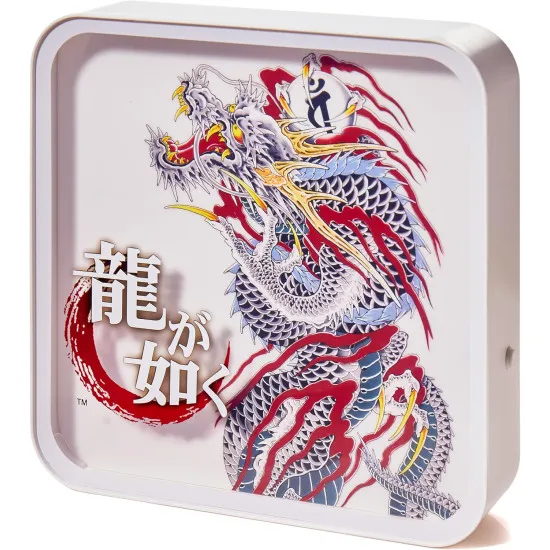 Close-up of Like a Dragon Yakuza acrylic lamp unlit showing dragon tattoo design and Ryu ga Gotoku logo etching detail