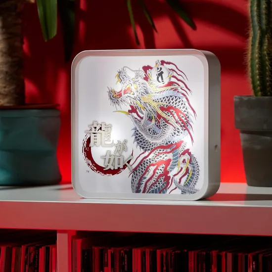Close-up of Like a Dragon Yakuza acrylic lamp unlit showing dragon tattoo design and Ryu ga Gotoku logo etching detail
