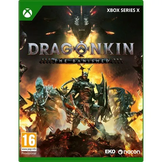 Dragonkin The Banished Xbox Series X The box art for the game Dragonkin: The Banished on Xbox Series X, showing a hero wielding a fiery lance, ready to face a dragon.