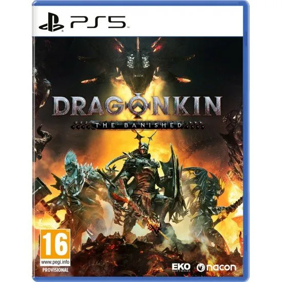 Dragonkin The Banished PS5 The box art for the game Dragonkin: The Banished on PS5, showing a hero wielding a fiery lance, ready to face a dragon.