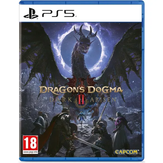 PlayStation 5 game case for Dragons Dogma II: Dark Arisen showing an Arisen and Pawns battling dark fantasy creatures in a snowy landscape