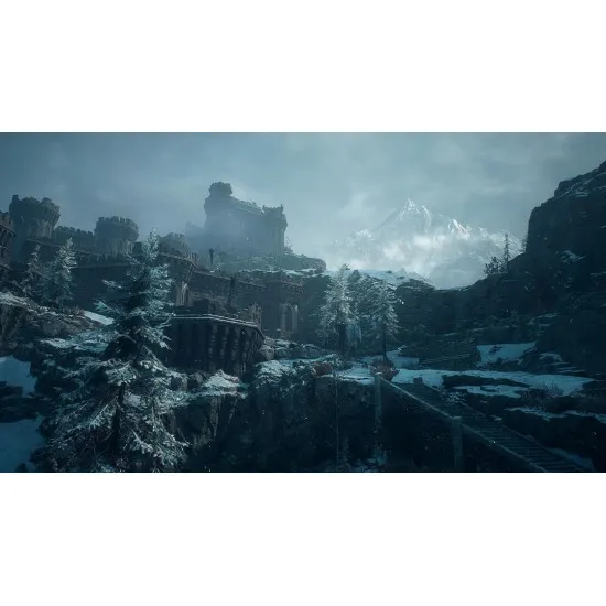 PlayStation 5 game case for Dragons Dogma II: Dark Arisen showing an Arisen and Pawns battling dark fantasy creatures in a snowy landscape