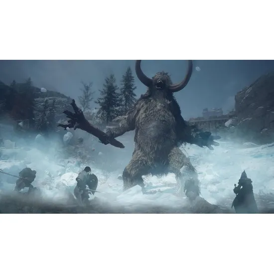 PlayStation 5 game case for Dragons Dogma II: Dark Arisen showing an Arisen and Pawns battling dark fantasy creatures in a snowy landscape