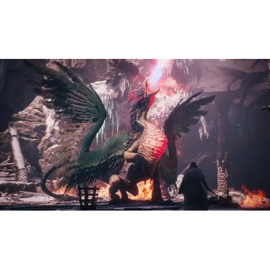 PlayStation 5 game case for Dragons Dogma II: Dark Arisen showing an Arisen and Pawns battling dark fantasy creatures in a snowy landscape
