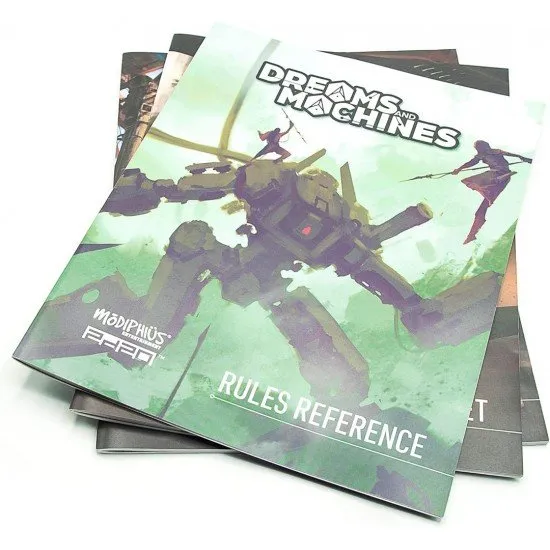 Dreams and Machines Starter Set box art showing heroes overlooking a landscape with ruined mechs and futuristic cities