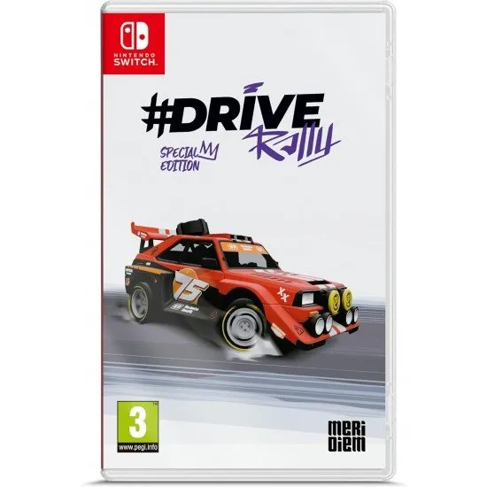 A Nintendo Switch game case showing a brightly coloured nineties-style rally car drifting sideways through a dusty desert track with a stylized blue sky background