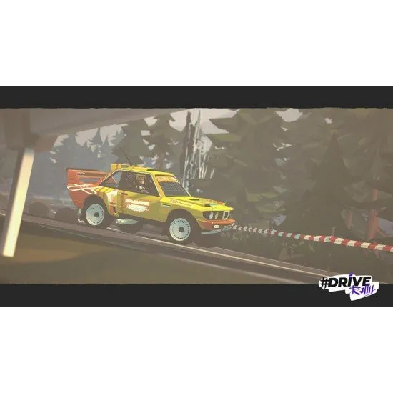 A PlayStation 5 game case showcasing a retro-styled sports car kicking up loose gravel and dust as it power-slides around a tight bend in a dense forest setting