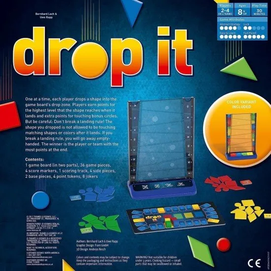 Drop It game box showing the vertical game board with colorful shapes dropping and landing