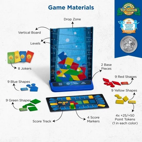 Drop It game box showing the vertical game board with colorful shapes dropping and landing