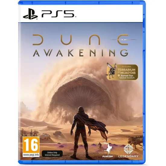 A PlayStation 5 game case depicting a lone desert survivor staring up at a colossal sandworm erupting from the rolling sand dunes of Arrakis