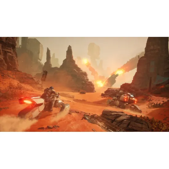 A PlayStation 5 game case depicting a lone desert survivor staring up at a colossal sandworm erupting from the rolling sand dunes of Arrakis