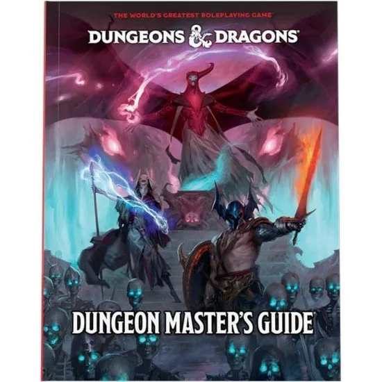 The front cover of the 2024 Dungeon Masters Guide featuring a gold-bordered illustration of a Dungeon Master behind a screen