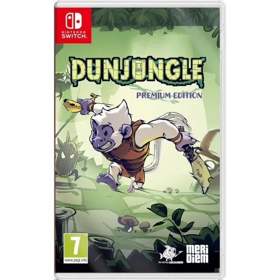 Dunjungle Premium Edition Switch Meridiem Games Roguelite Dunjungle Premium Edition Switch box art showing the monkey hero in action within a colorful, stylized jungle dungeon