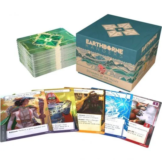 Earthborne Rangers Stewards of the Valley Earthborne Games Card Game Expansion Earthborne Rangers Stewards of the Valley Expansion box art showing a Ranger protecting the valley