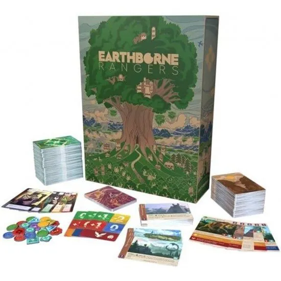Earthborne Rangers Earthborne Games Customizable Card Game Earthborne Rangers board game box art showing a futuristic Ranger character standing in a lush mountain valley wilderness