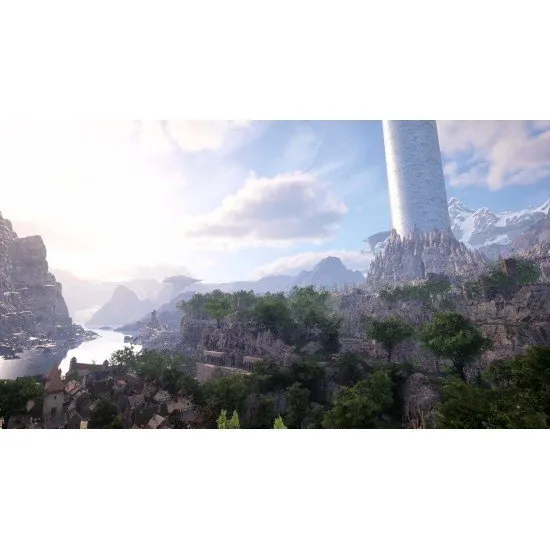 Two warriors engaging a massive stone golem in a vibrant, sunlit forest clearing