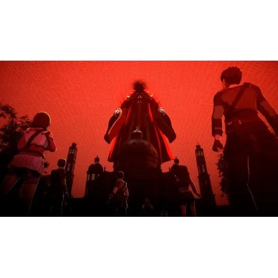 Two warriors engaging a massive stone golem in a vibrant, sunlit forest clearing