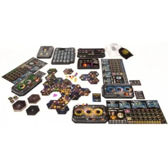 A premium board game layout featuring hexagonal star system tiles, plastic miniatures, and custom player mats