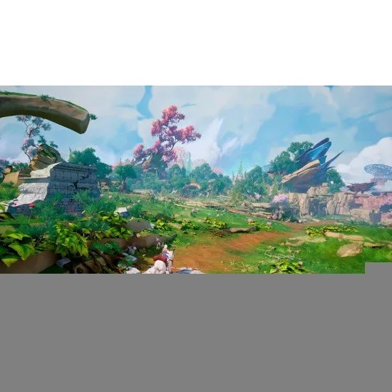 Eline the nomad standing on a vibrant cliffside overlooking the corrupted lands of Avaris