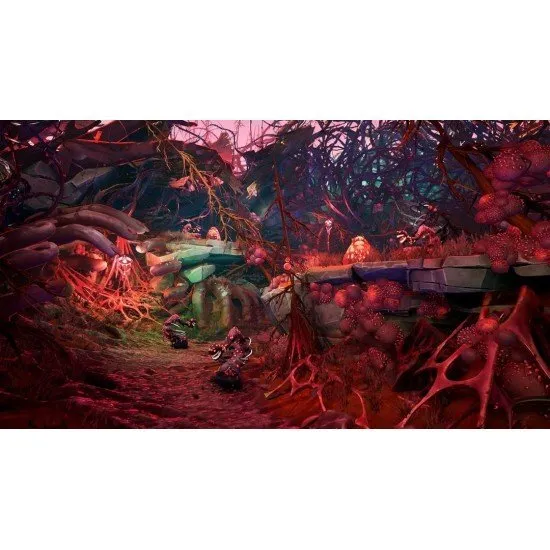 Eline the nomad standing on a vibrant cliffside overlooking the corrupted lands of Avaris