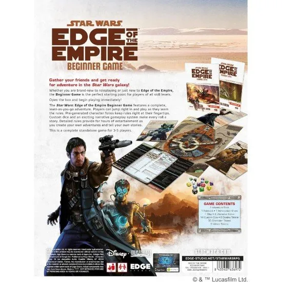 The box art for the Star Wars Edge of the Empire RPG Beginner Game, showing a group of heroes on the run from an Imperial Star Destroyer in a gritty, stylized art style.