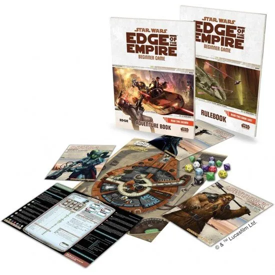 The box art for the Star Wars Edge of the Empire RPG Beginner Game, showing a group of heroes on the run from an Imperial Star Destroyer in a gritty, stylized art style.