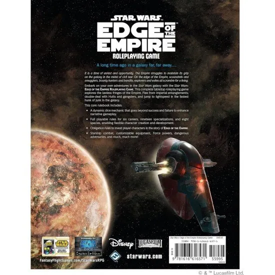 The cover of the Star Wars Edge of the Empire RPG: Core Rulebook, featuring a Star Wars starship and various characters in a gritty, stylized art style.