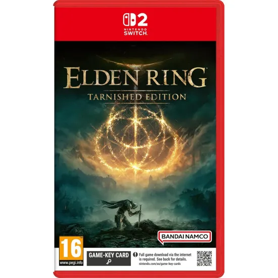 A Nintendo Switch 2 game case featuring a Tarnished warrior resting at a golden Site of Grace with the colossal, glowing Erdtree shining across a dark, misty fantasy landscape