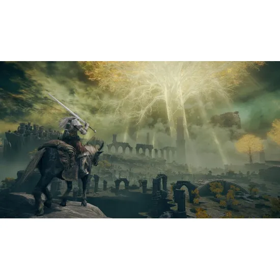 A Nintendo Switch 2 game case featuring a Tarnished warrior resting at a golden Site of Grace with the colossal, glowing Erdtree shining across a dark, misty fantasy landscape