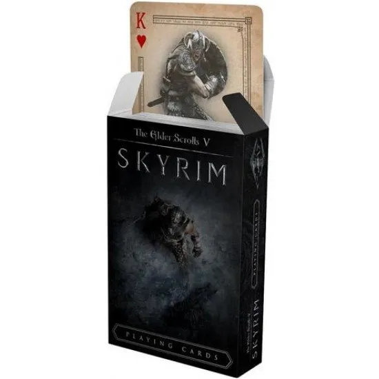Skyrim themed playing cards showing iconic symbols and characters on premium card stock