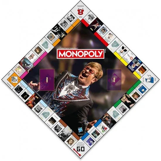 Monopoly Elton John edition board game showing the unique artwork and custom metal tokens