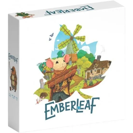 Emberleaf game box cover showing small, brave Emberlings rebuilding a village in a stylized wilderness setting
