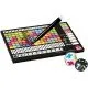 A colourful playing sheet with various coloured boxes being marked off next to a set of custom dice