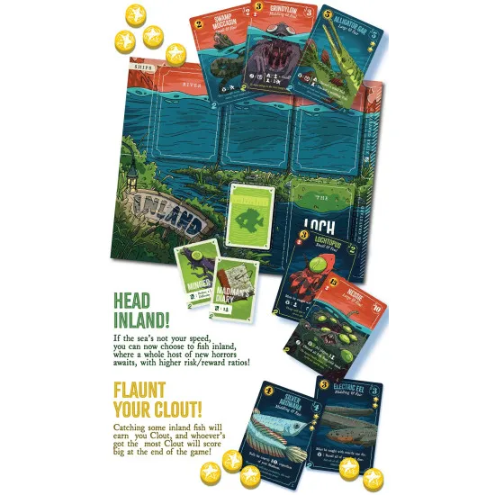 Even Deeper Regrets Expansion board game featuring inland fishing, new fish, pets and additional gameplay content