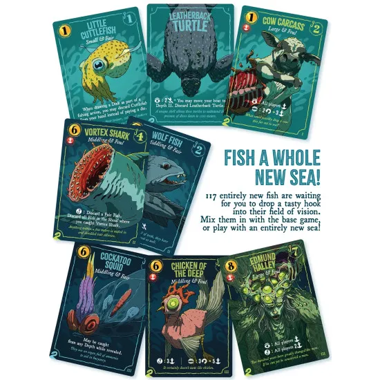 Even Deeper Regrets Expansion board game featuring inland fishing, new fish, pets and additional gameplay content