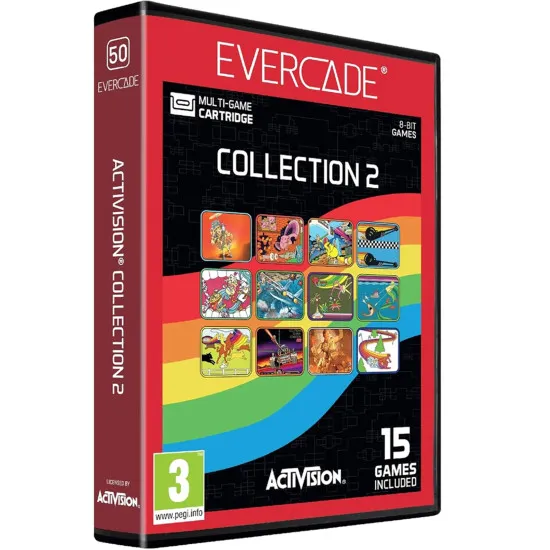 An Evercade cartridge box featuring retro artwork from Pitfall II and H.E.R.O. in a purple-bordered collectable case