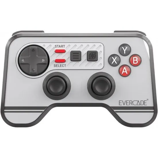 A sleek grey Evercade Bluetooth Controller with a red D-pad and four face buttons, accompanied by its USB dongle