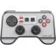 A sleek grey Evercade Bluetooth Controller with a red D-pad and four face buttons, accompanied by its USB dongle