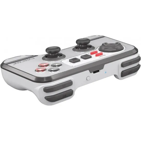 A sleek grey Evercade Bluetooth Controller with a red D-pad and four face buttons, accompanied by its USB dongle