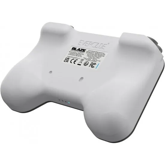 A sleek grey Evercade Bluetooth Controller with a red D-pad and four face buttons, accompanied by its USB dongle