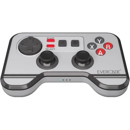 A sleek grey Evercade Bluetooth Controller with a red D-pad and four face buttons, accompanied by its USB dongle