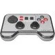 A sleek grey Evercade Bluetooth Controller with a red D-pad and four face buttons, accompanied by its USB dongle