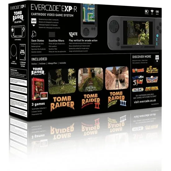 Evercade EXP-R handheld retro gaming console in charcoal grey and turquoise with Tomb Raider Collection 1 cartridge