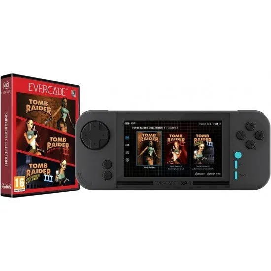 Evercade EXP-R handheld retro gaming console in charcoal grey and turquoise with Tomb Raider Collection 1 cartridge