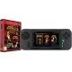 Evercade EXP-R handheld retro gaming console in charcoal grey and turquoise with Tomb Raider Collection 1 cartridge