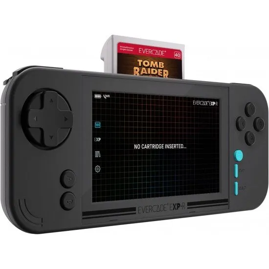Evercade EXP-R handheld retro gaming console in charcoal grey and turquoise with Tomb Raider Collection 1 cartridge
