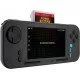 Evercade EXP-R handheld retro gaming console in charcoal grey and turquoise with Tomb Raider Collection 1 cartridge